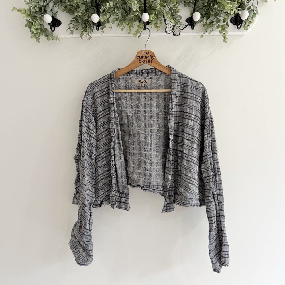 Flax 100% Linen Black Gray Striped Cropped Open Cardigan Large 19-5780